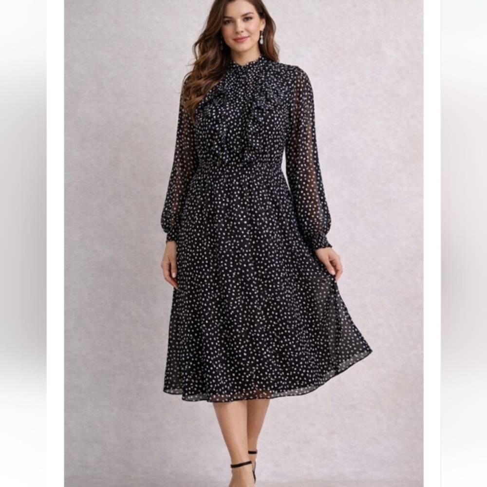 Mango Black Polka Dot Long Sleeve Midi Dress